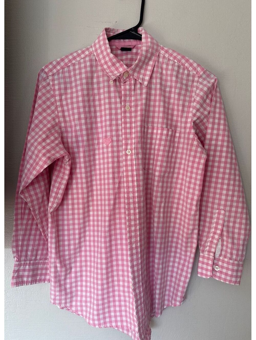GapKids Pink Gingham Button Down Shirt Embroidered Heart Long Sleeve Kids XL 12